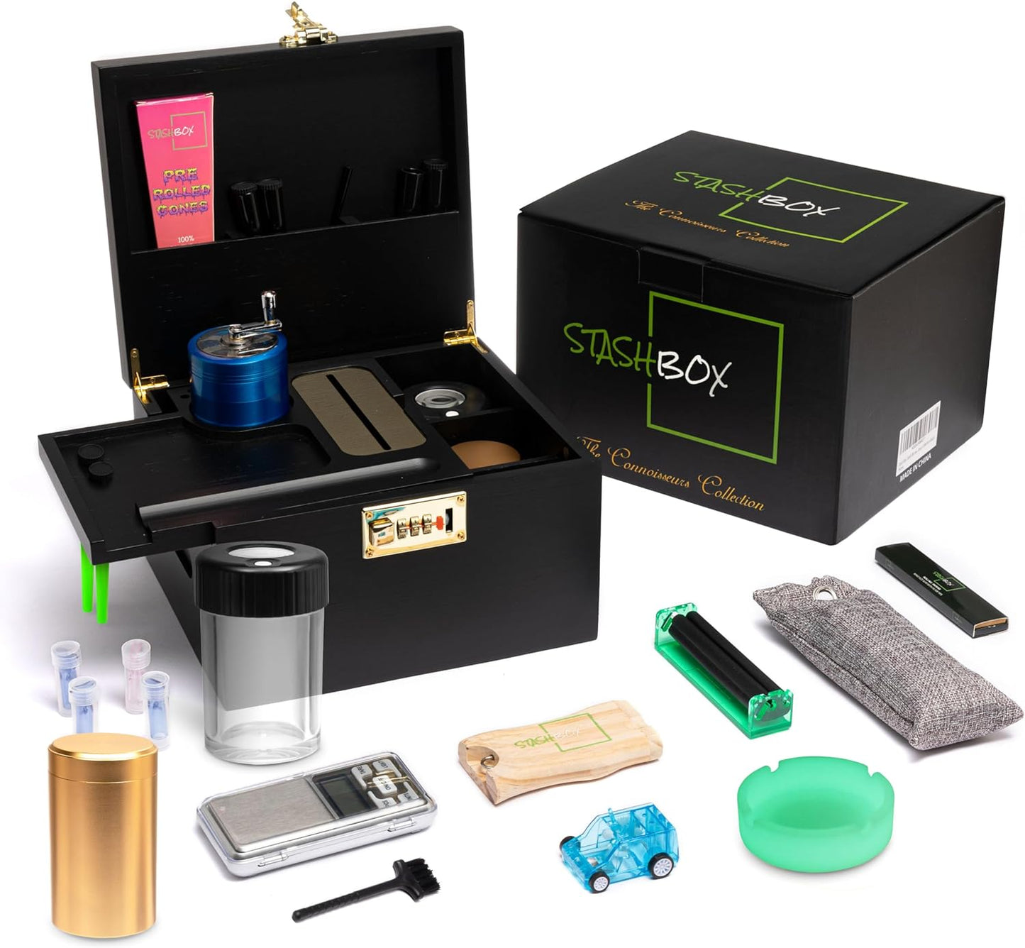 Smell Proof Stash Box with Rolling Tray, Built-In Combo Lock & 21 Cool Accessories - Complete Stash Kit, Rolling Box - Smell Proof Box with Lock, Stash Containers, Grinder, Scale, Dugout, & Lots More