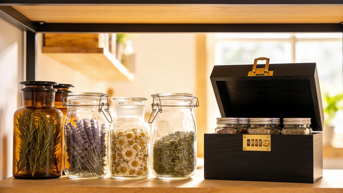 Dried herbs stored in airtight glass jars beside a lockable storage box