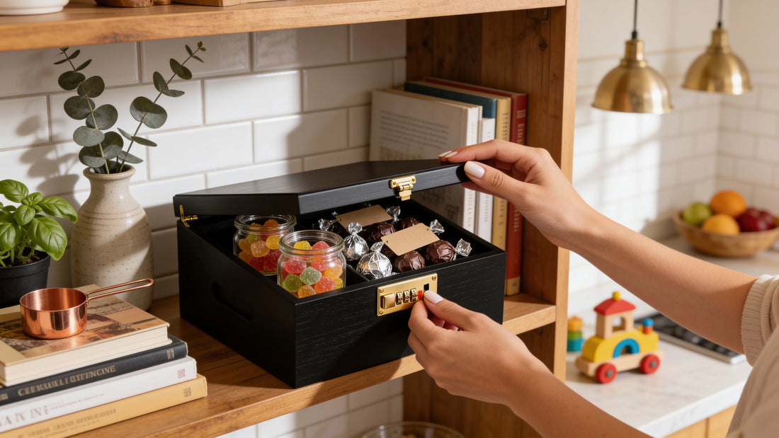 Hands opening a locked storage box of homemade gummies and chocolates on a high kitchen shelf
