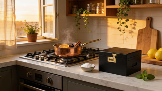 Golden-hour kitchen with citrus and cinnamon simmering on the stove and a lockable storage box on the counter