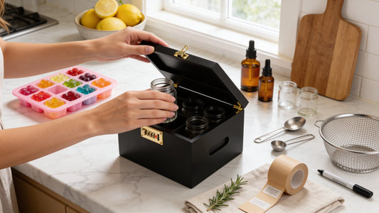 Hands placing a glass jar into a lockable storage box surrounded by gummy molds and infusion supplies