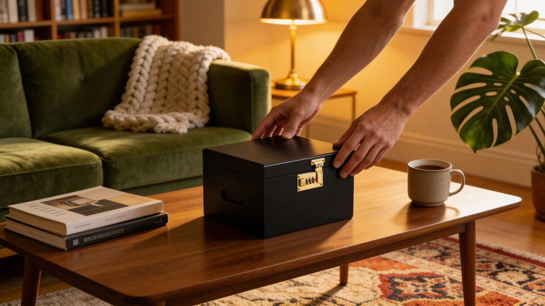Hands opening a black lockable storage box on a coffee table in a cozy living room