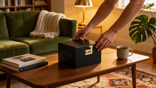 Hands opening a black lockable storage box on a coffee table in a cozy living room