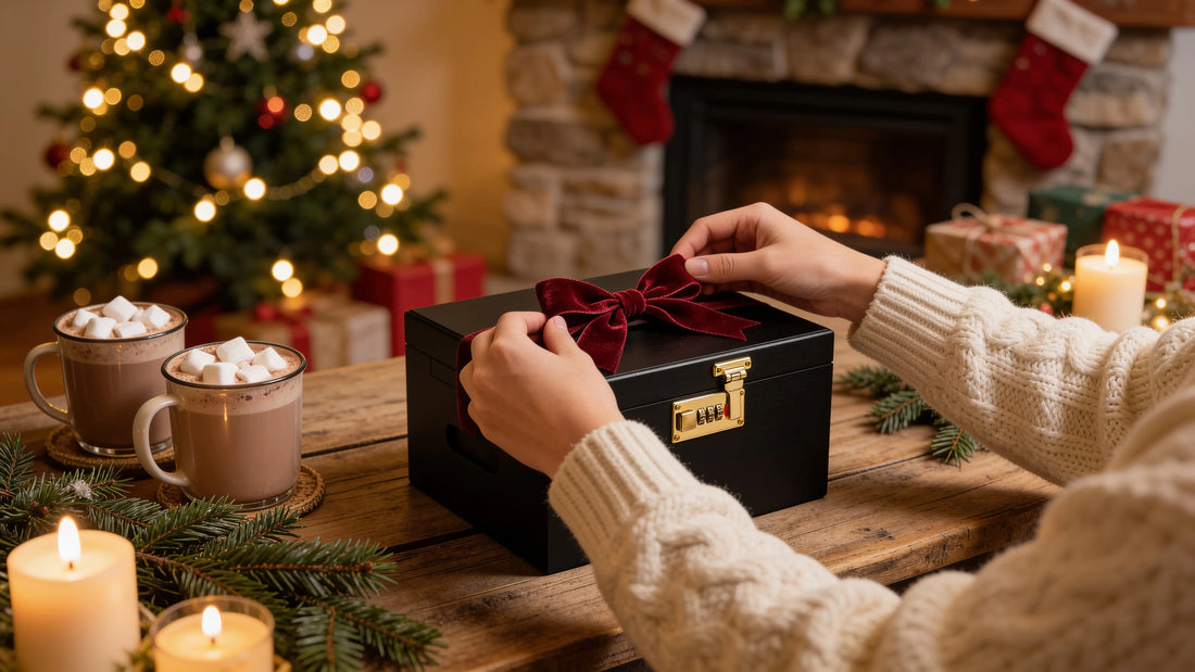 Hands untying a red bow on a lockable storage box gift by a Christmas tree and fireplace