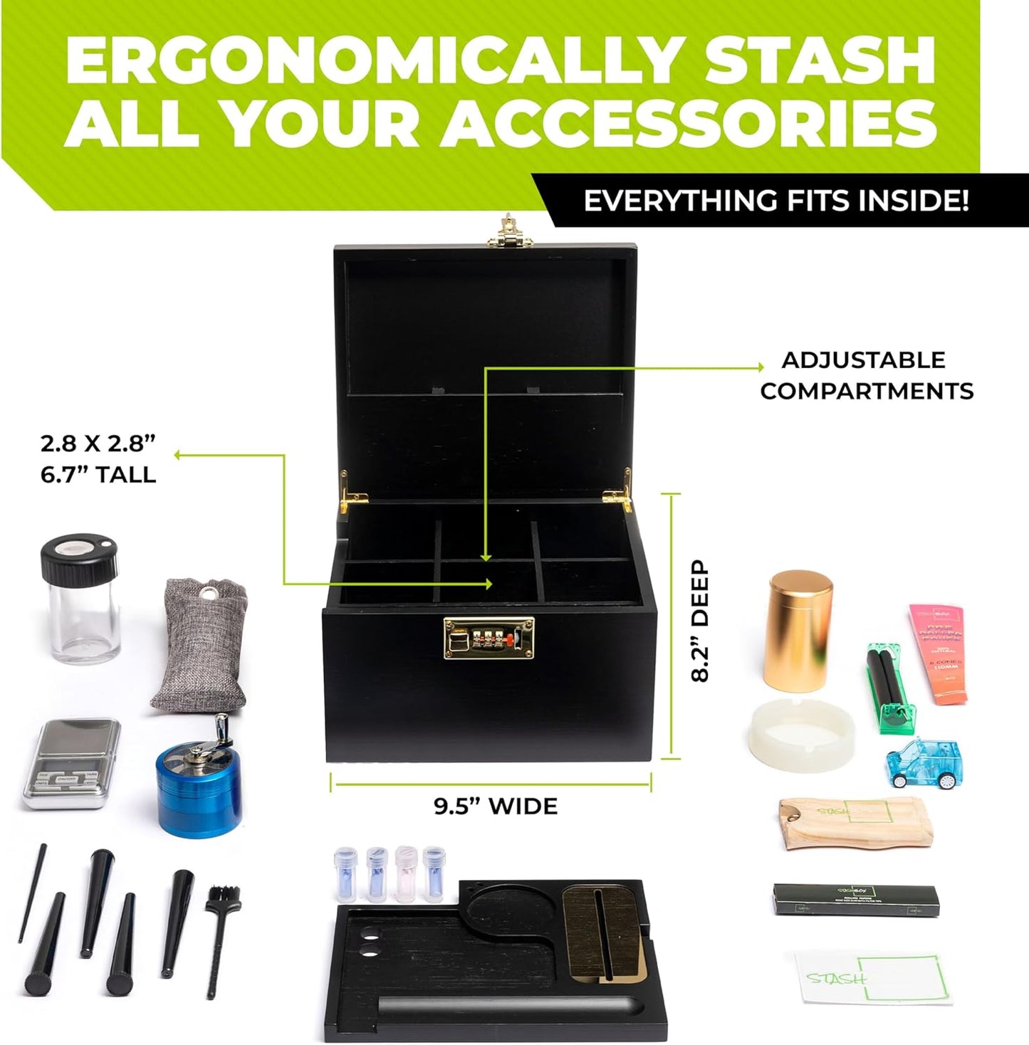 Large Premium Bamboo Storage Box with Combination Lock- Removable Sliding Tray Roll Kit with Paper Dispenser, 21 Acessories & Ergonomic Design