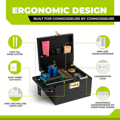 Large Premium Bamboo Storage Box with Combination Lock- Removable Sliding Tray Roll Kit with Paper Dispenser, 21 Acessories & Ergonomic Design