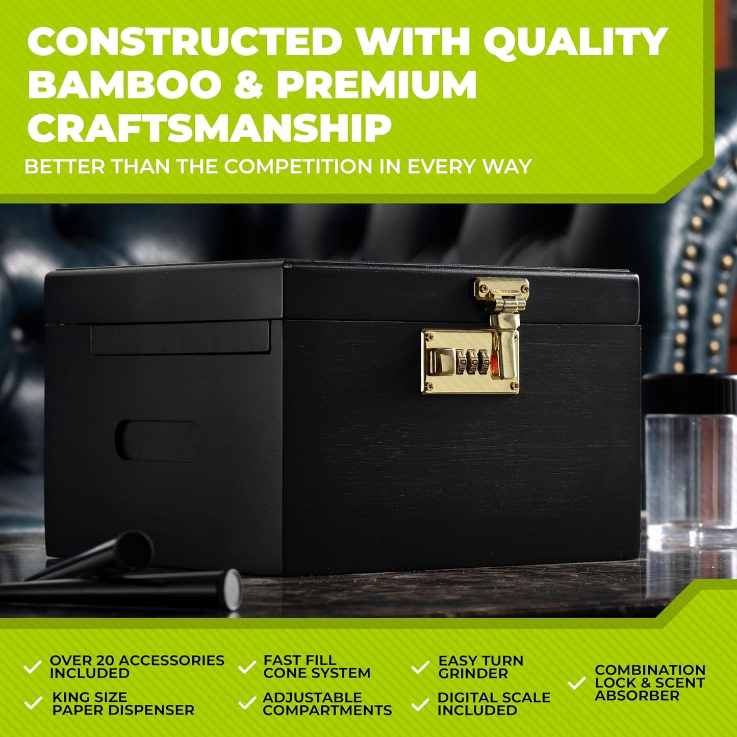 Large Premium Bamboo Storage Box with Combination Lock- Removable Sliding Tray Roll Kit with Paper Dispenser, 21 Acessories & Ergonomic Design